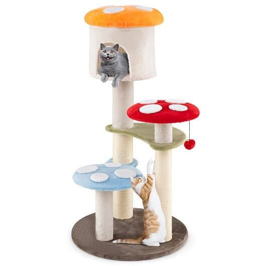 Cute Mushroom Cat Tree with Sisal Scratching Posts Top Condo and Padded Platforms - Multicolor - Pets Perfect