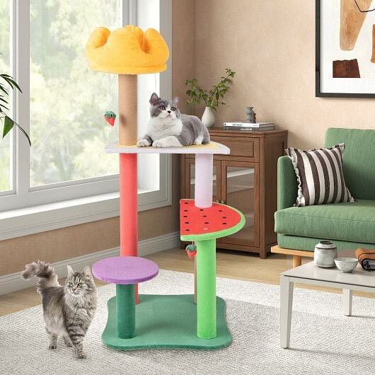 45 Inch Multi - Level Cat Tree with Plush Padded Top Perch and Fruit - Shaped Platforms - Pets Perfect