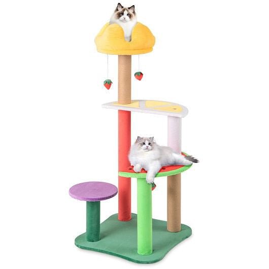 45 Inch Multi - Level Cat Tree with Plush Padded Top Perch and Fruit - Shaped Platforms - Pets Perfect