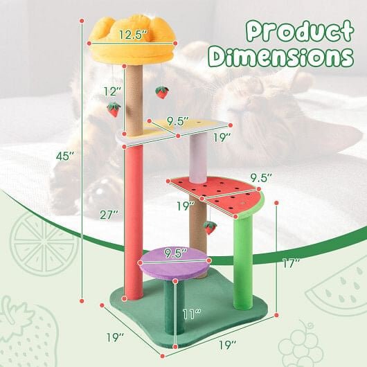 45 Inch Multi - Level Cat Tree with Plush Padded Top Perch and Fruit - Shaped Platforms - Pets Perfect