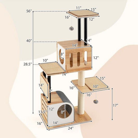 Modern Tall Cat Tower with Double Condos with Dangling Balls and Sisal, view 3