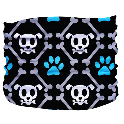 Bone Dogger Pup Scruff with black background featuring white dog skulls, crossed bones, and blue paw prints pattern.