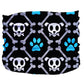 Bone Dogger Pup Scruff with black background featuring white dog skulls, crossed bones, and blue paw prints pattern.