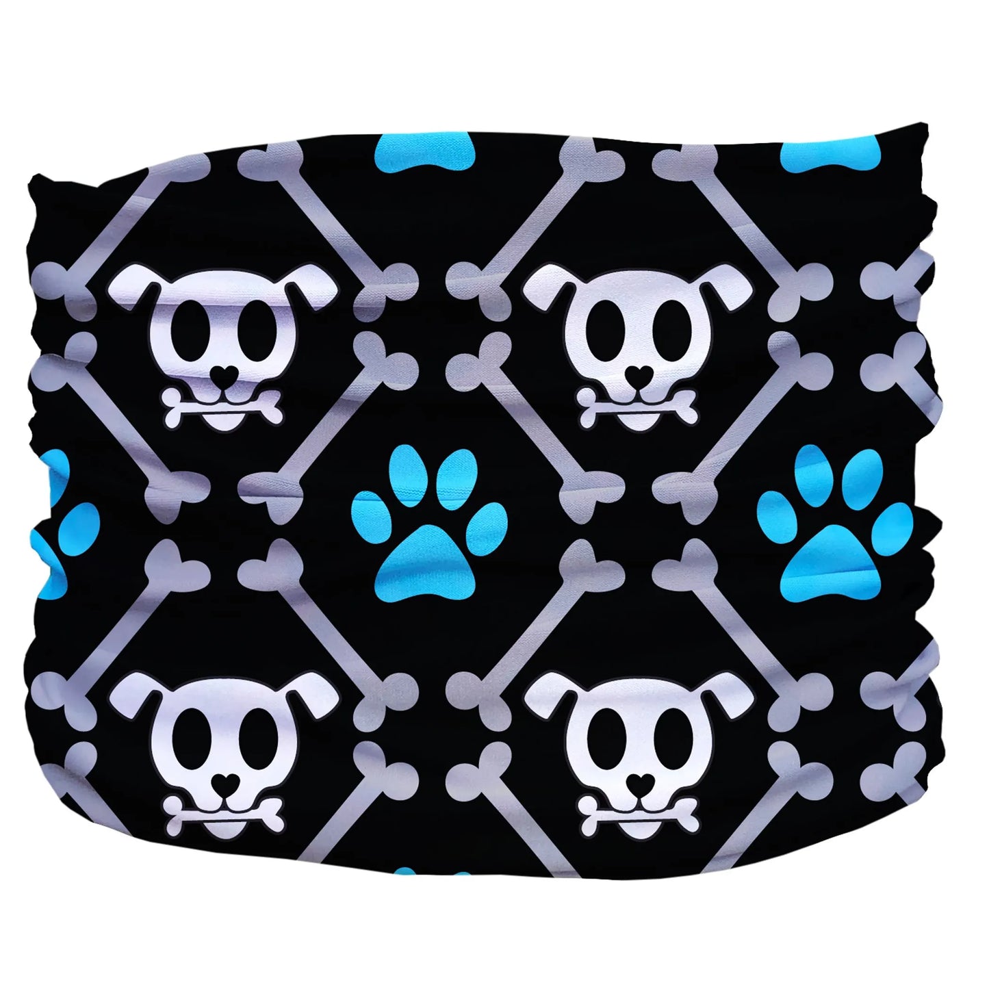 Bone Dogger Pup Scruff in black with white dog skulls and blue paw prints dog accessories from PetsPerfect