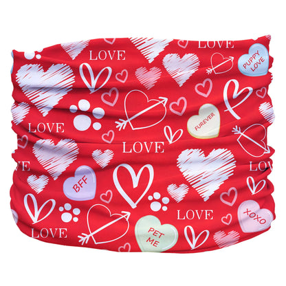Red pet bandana with hearts, paw prints, and love messages featuring Puppy Love Pup Scruff text.