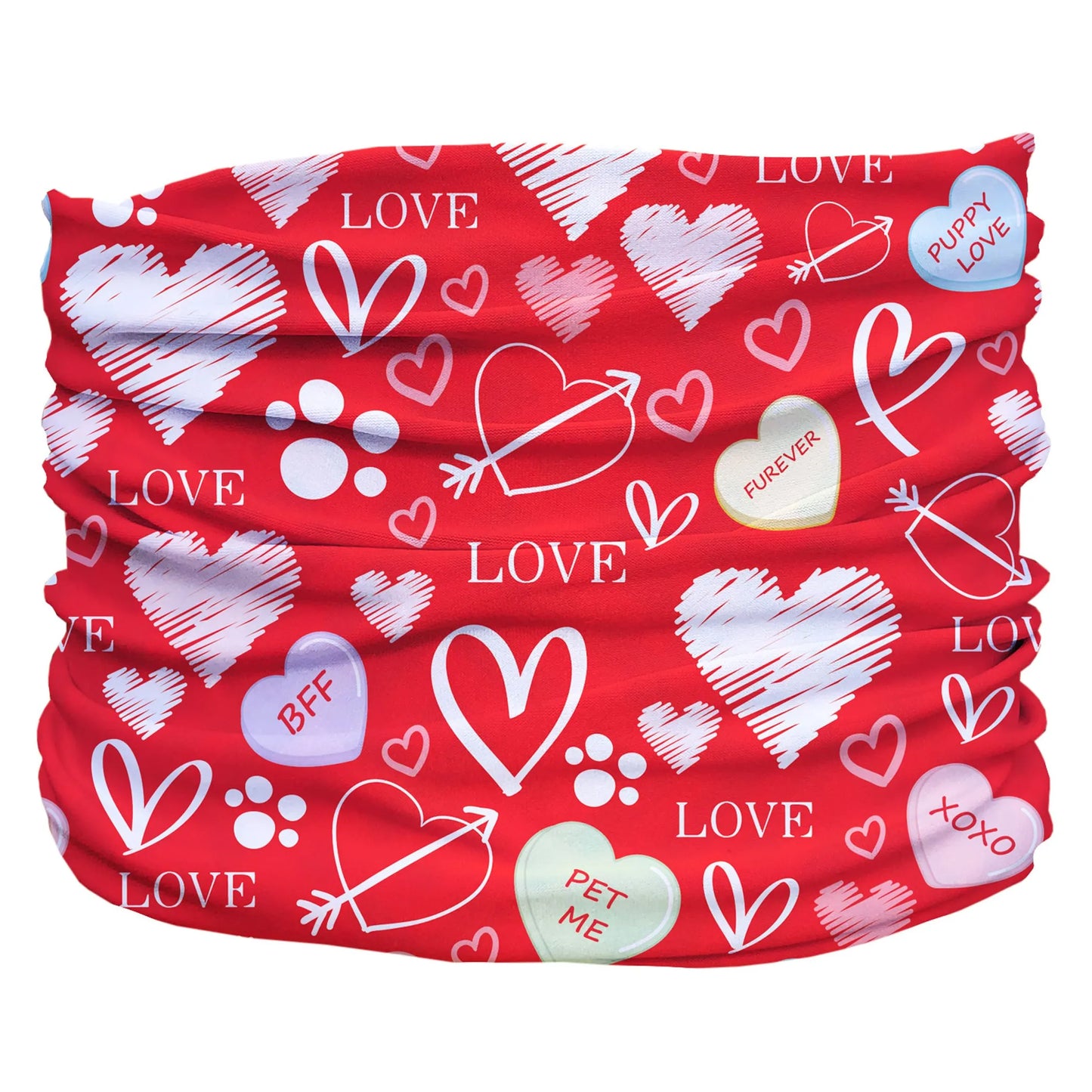 Puppy Love Pup Scruff red pet neckwear with white hearts, paw prints, love text, and candy heart designs