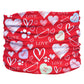 Red pet bandana with hearts, paw prints, and love messages featuring Puppy Love Pup Scruff design