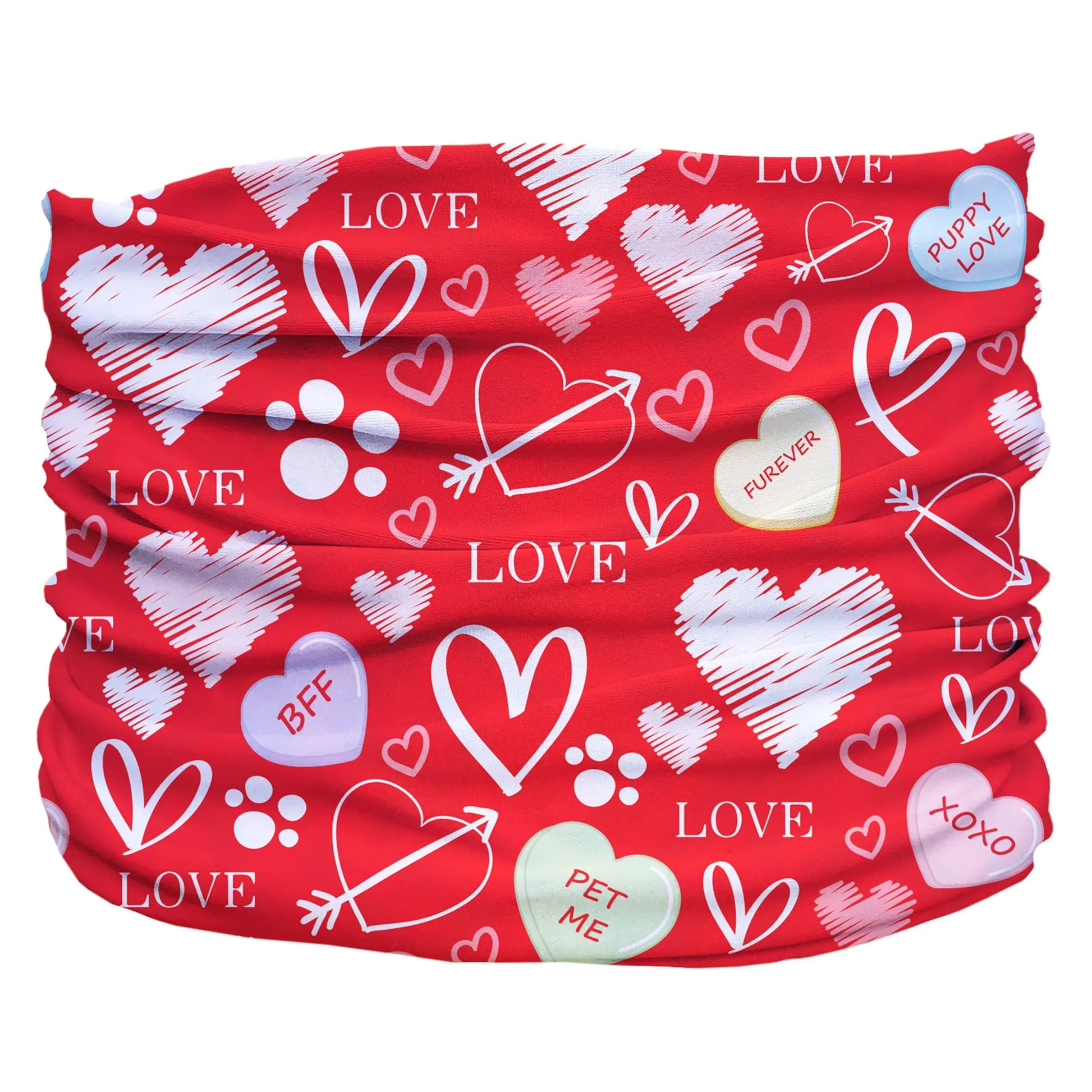 Red pet accessory with white hearts, paw prints, arrows, and Puppy Love Pup Scruff text pattern design.