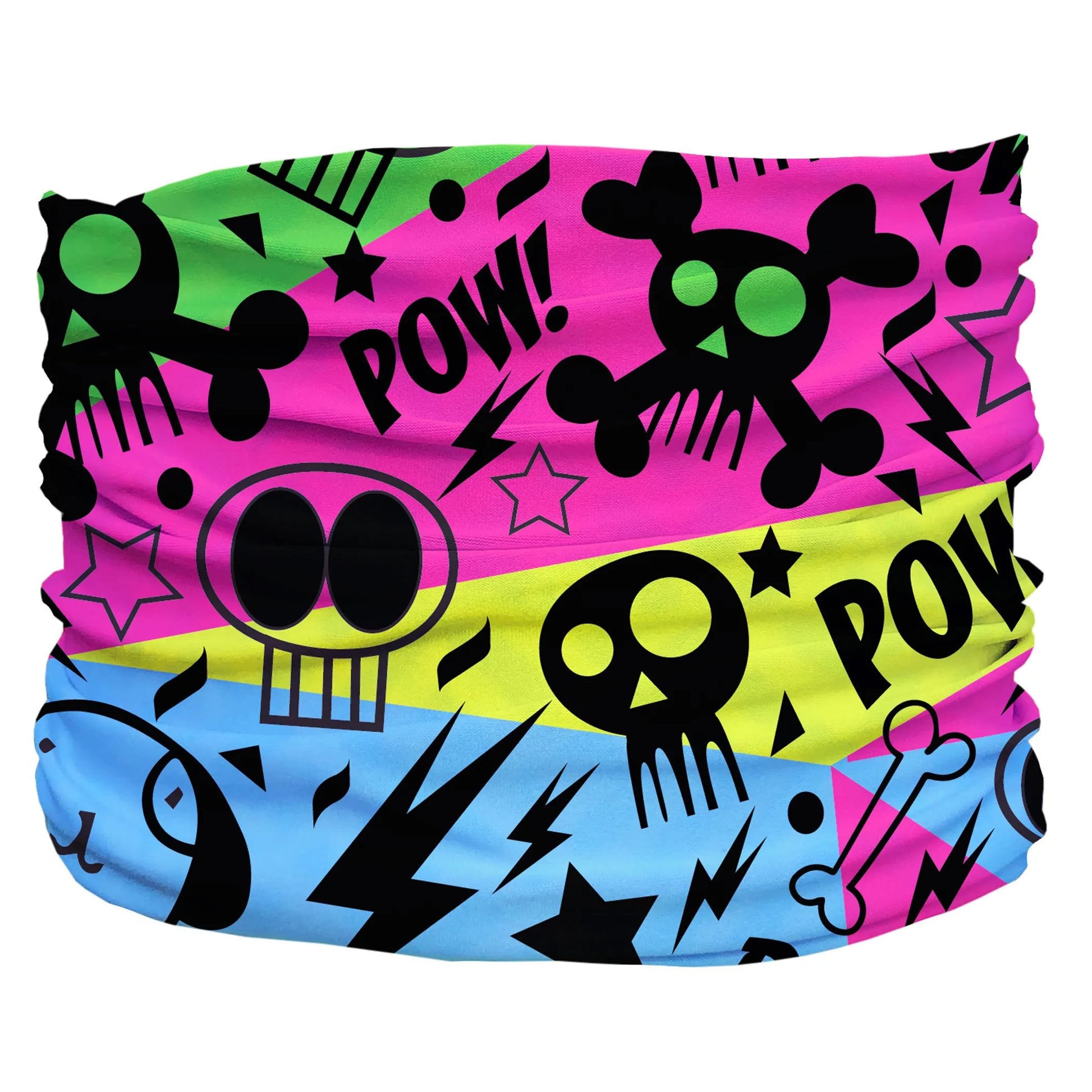 Brightly colored dog bandana with skull, bones, stars, and "POW!" graphics, Graffiti Pup Scruff design