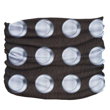 The Stud Pup Scruff black pet accessory with white circular pattern, versatile dog neck gaiter for outdoor use