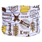 Beer Buddy Pup Scruff neck gaiter with vintage beer-themed graphics in brown and yellow on white background
