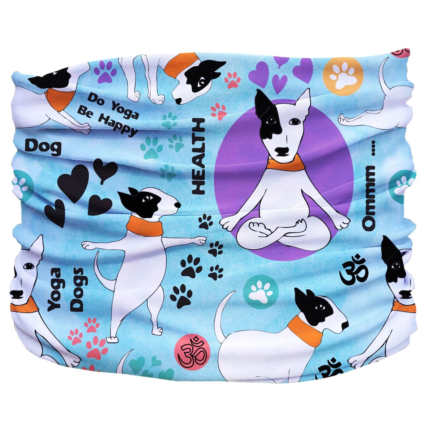 Yogadog Pup Scruff neck gaiter with cartoon dog yoga poses, paw prints, and wellness words on blue background