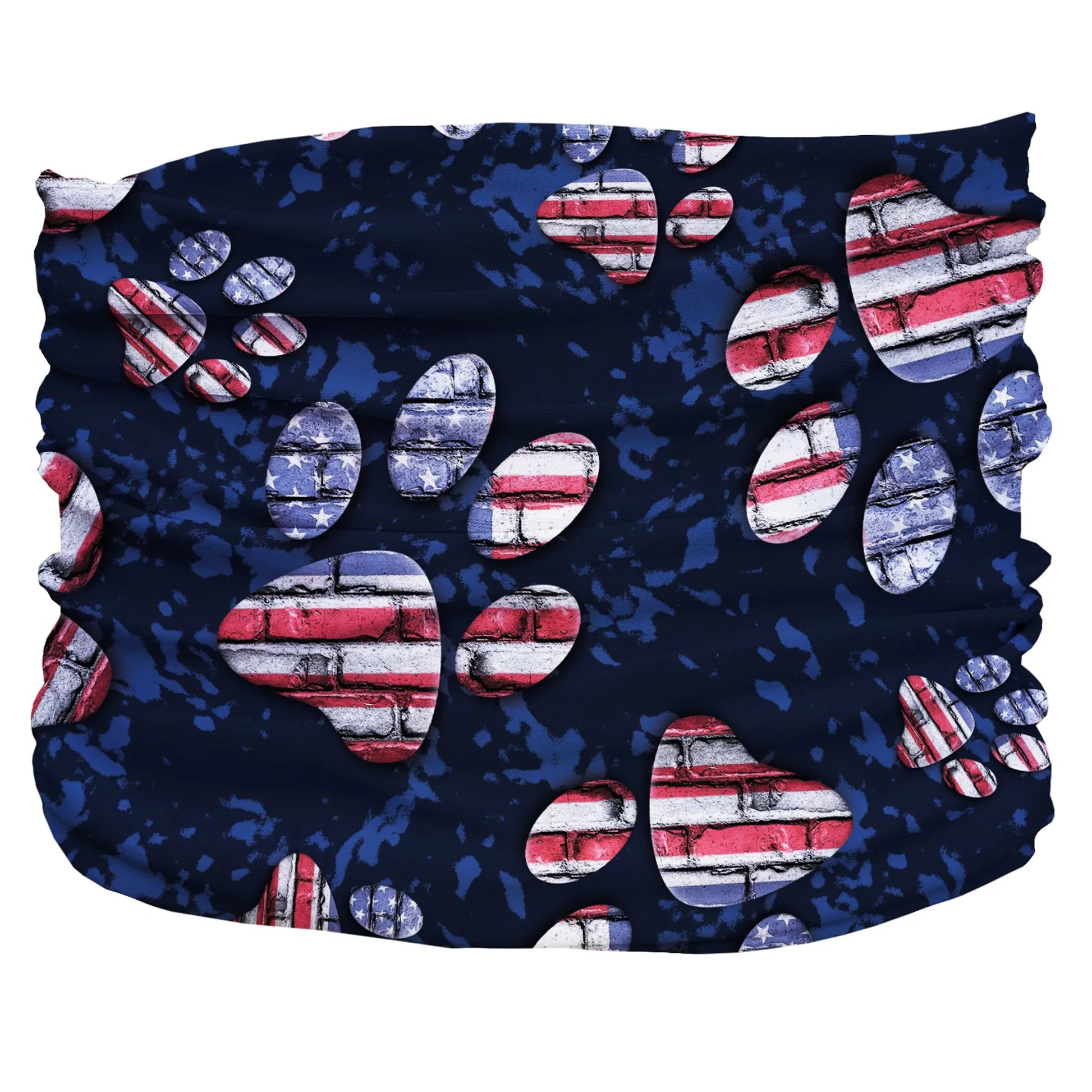 Patriotic Pup Pup Scruff with blue background and paw prints styled as American flag bricks, pet supplies accessory