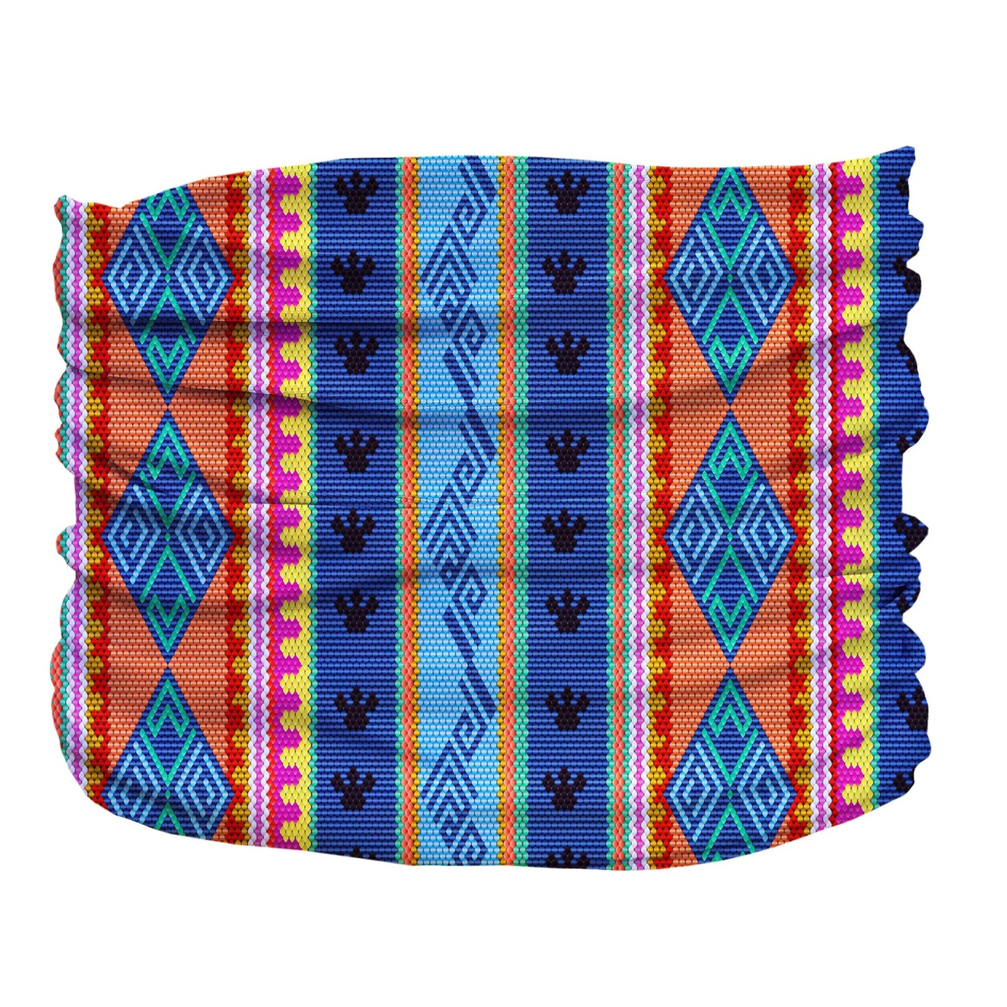 Bedouin Paws Pup Scruff with vibrant blue, orange, and multicolor geometric pattern dog accessory textile