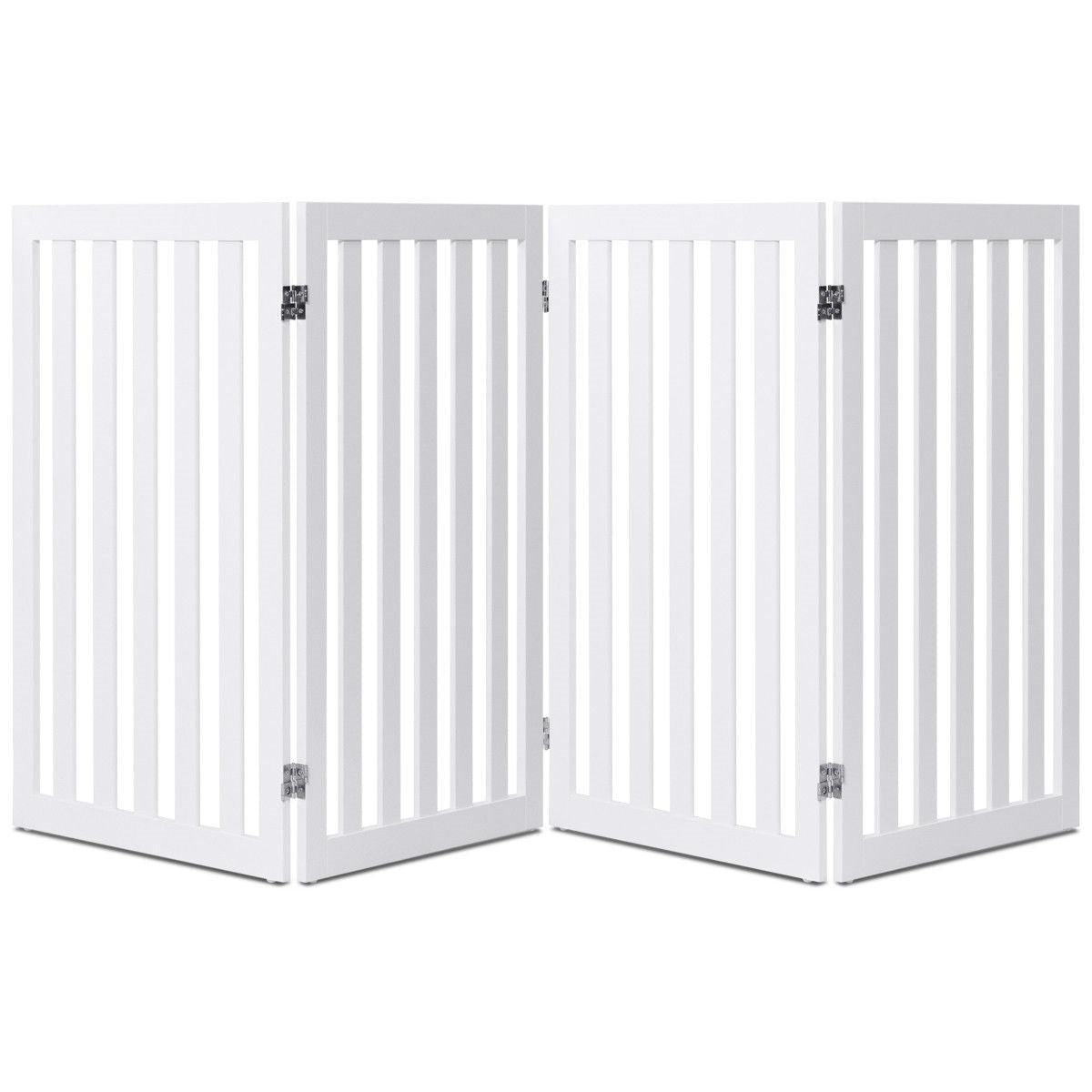 FastFurnishings Folding 4-Panel Dog Gate - White Wood Finish Pet Barrier for Indoor Use