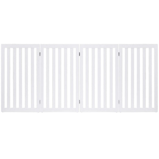 FastFurnishings Folding 4-Panel Dog Gate - White Wood Finish Pet Barrier for Indoor Use