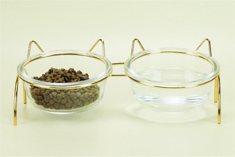 Sparkling Glass Cat Bowl With Elevated Metal Rack - Stylish And Functional Pet Feeder - Pets Perfect