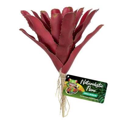 Purple artificial bromeliad with tan roots and a "Naturalistic Flora" tag featuring a red-eyed tree frog.
