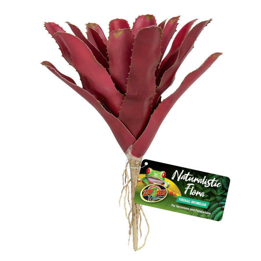 Purple artificial bromeliad with tan roots and a "Naturalistic Flora" tag featuring a red-eyed tree frog.