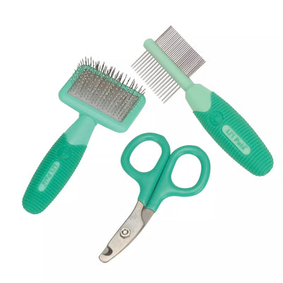 Slicker brush, metal comb, and blunt-nose scissors with green handles