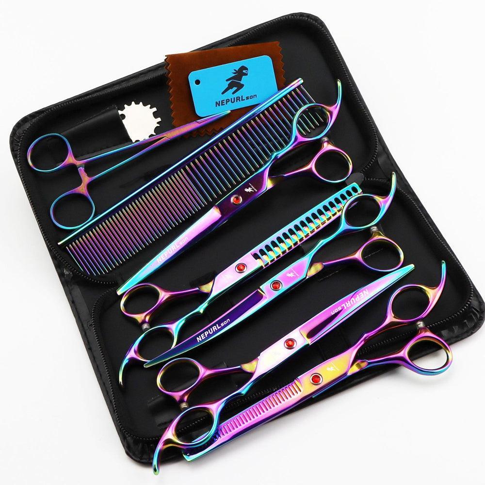 7 Inch Electroplating Color Pet Grooming Scissors - 5 - Piece Set - Pets Perfect