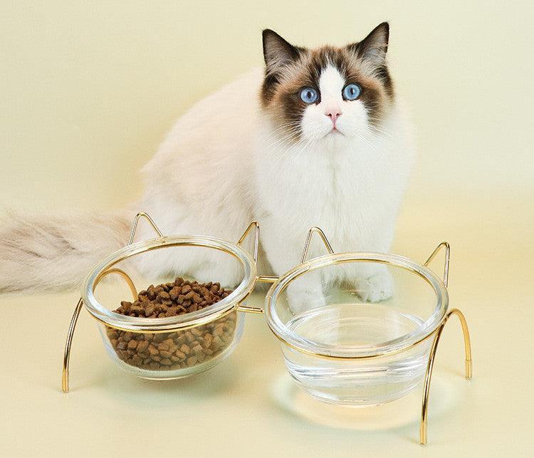 Sparkling Glass Cat Bowl With Elevated Metal Rack - Stylish And Functional Pet Feeder - Pets Perfect