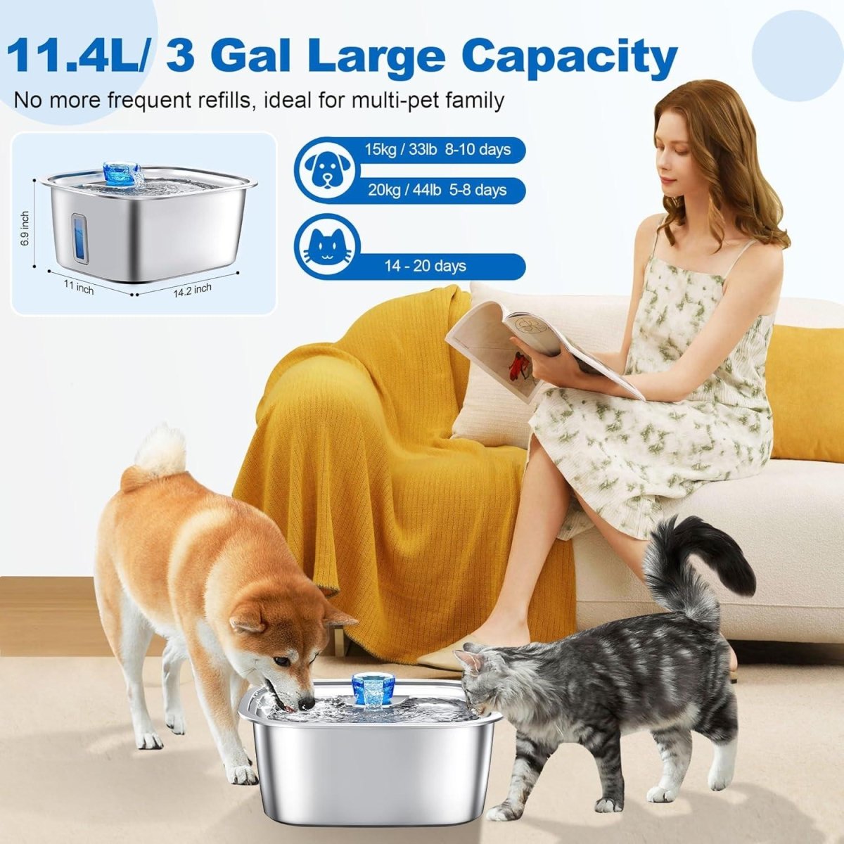 LESOTC 3 - Gallon Stainless Steel Dog Water Fountain with Visible Water Level Window - Pets Perfect