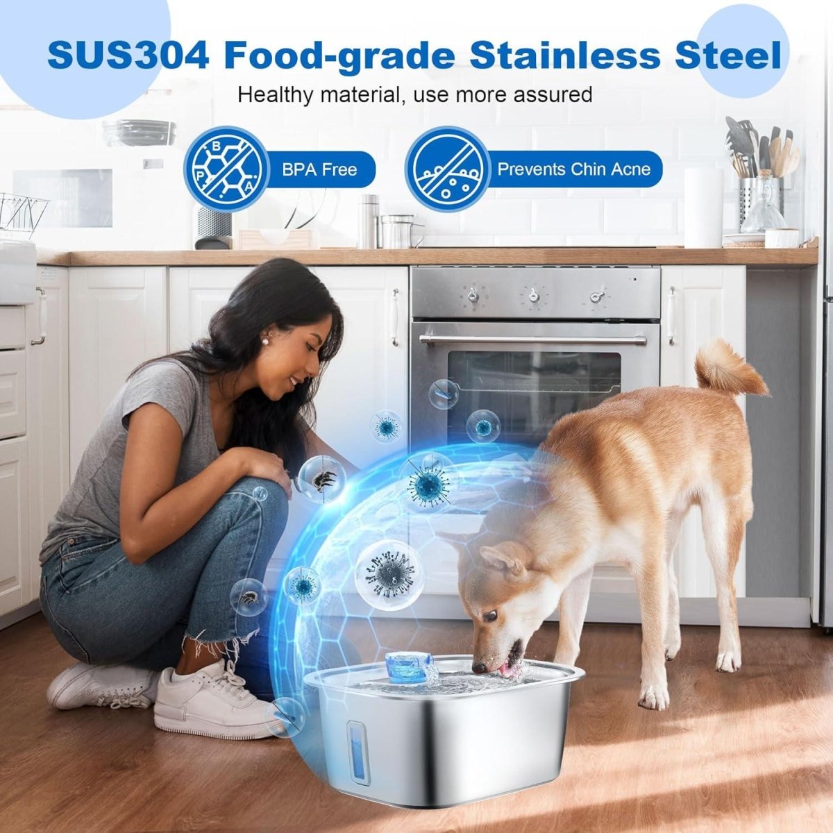 LESOTC 3 - Gallon Stainless Steel Dog Water Fountain with Visible Water Level Window - Pets Perfect
