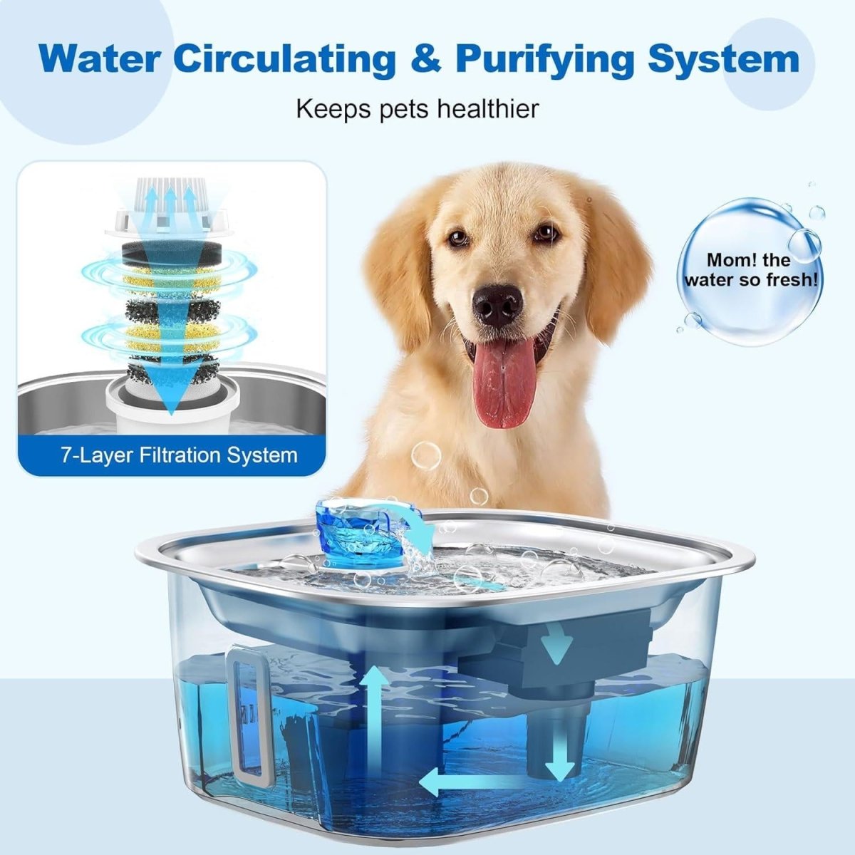 LESOTC 3 - Gallon Stainless Steel Dog Water Fountain with Visible Water Level Window - Pets Perfect