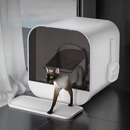Dog Hugs Cat Enclosed Splash-Proof Cat Litter Box - Drawer Design Privacy Box for Easy Cleaning