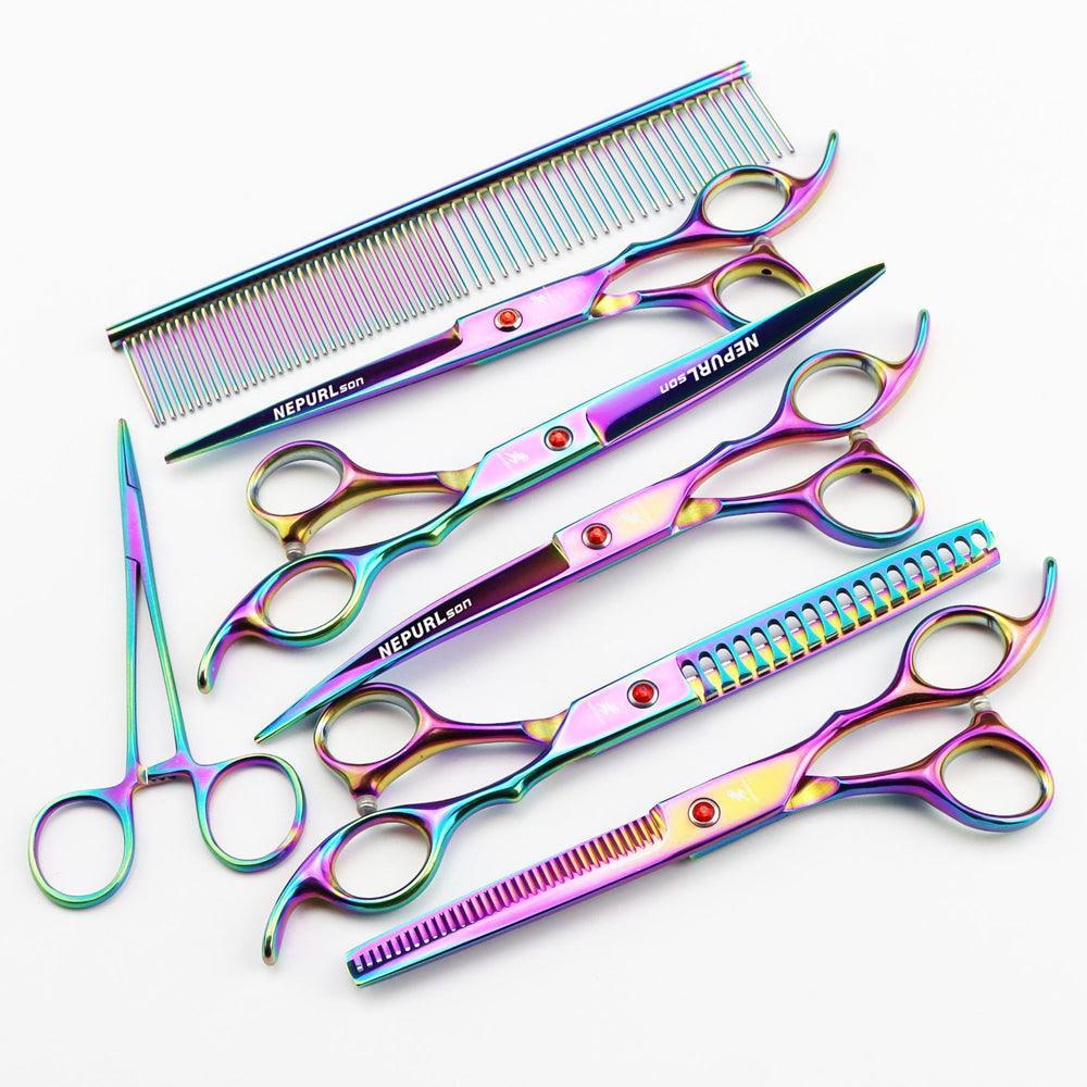 7 Inch Electroplating Color Pet Grooming Scissors - 5 - Piece Set - Pets Perfect