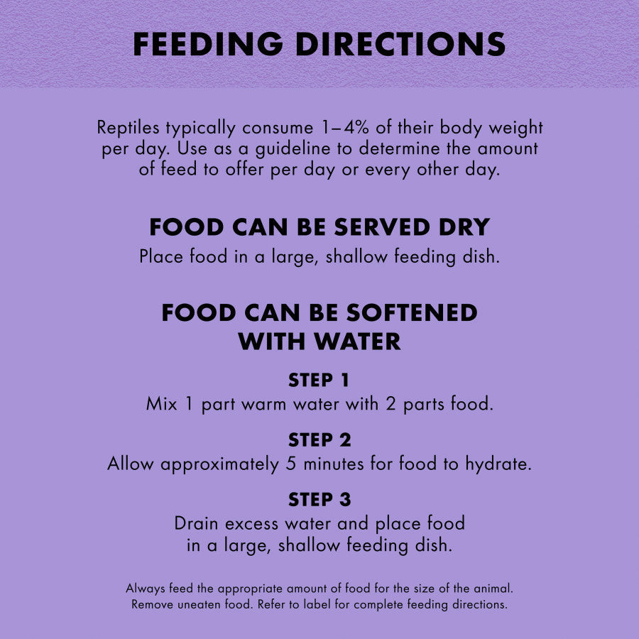 Feeding directions for Zilla Medley Diet Omnivore Mix on a purple background.