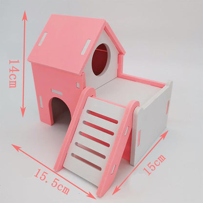 Colorful Double-Storey Hamster Sleeping Nest: A Stylish Wooden Villa Toy For Small Pets.