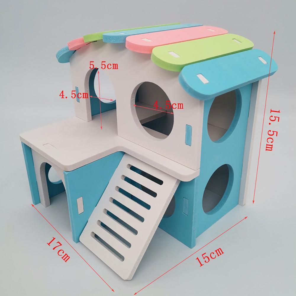 Colorful Double-Storey Hamster Sleeping Nest: A Stylish Wooden Villa Toy For Small Pets.