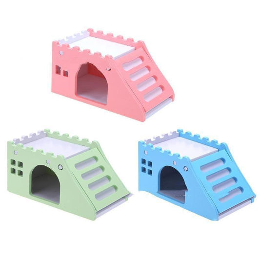 Colorful Wooden Hamster Sleeping Nest With Slide Toy And Small Bed.