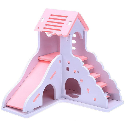 Colorful Wooden Hamster Sleeping Nest With Slide Toy And Small Bed.
