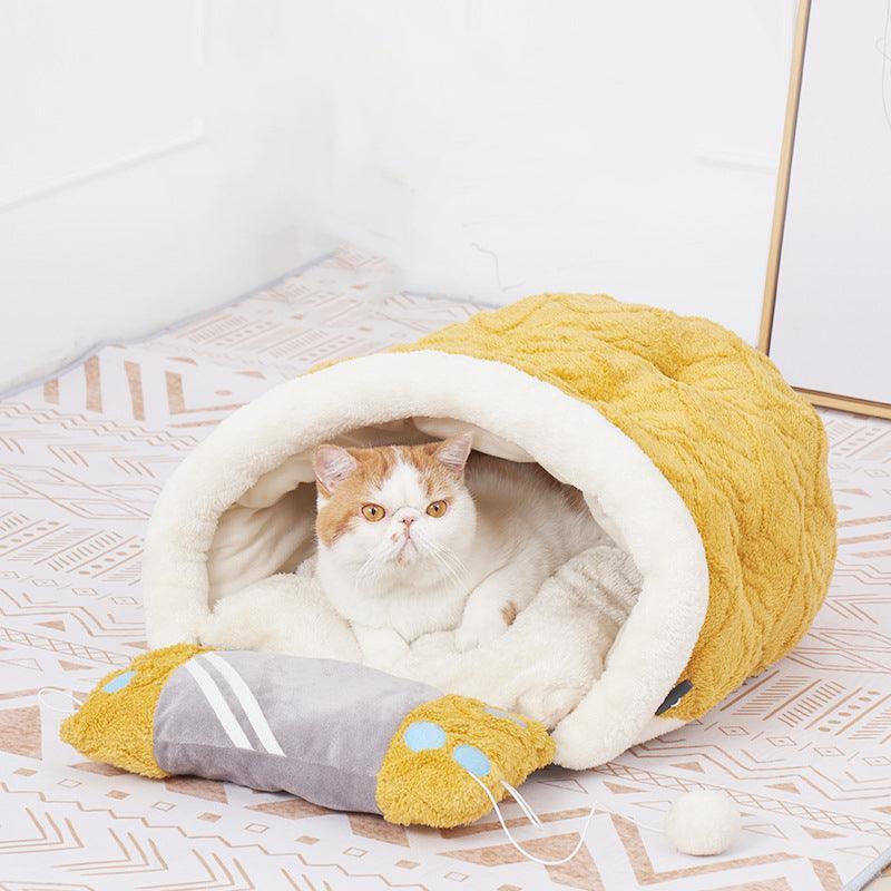 Arctic Velvet Cat Bed - Plush Semi - Enclosed Cave & Sleeping Pad - Pets Perfect