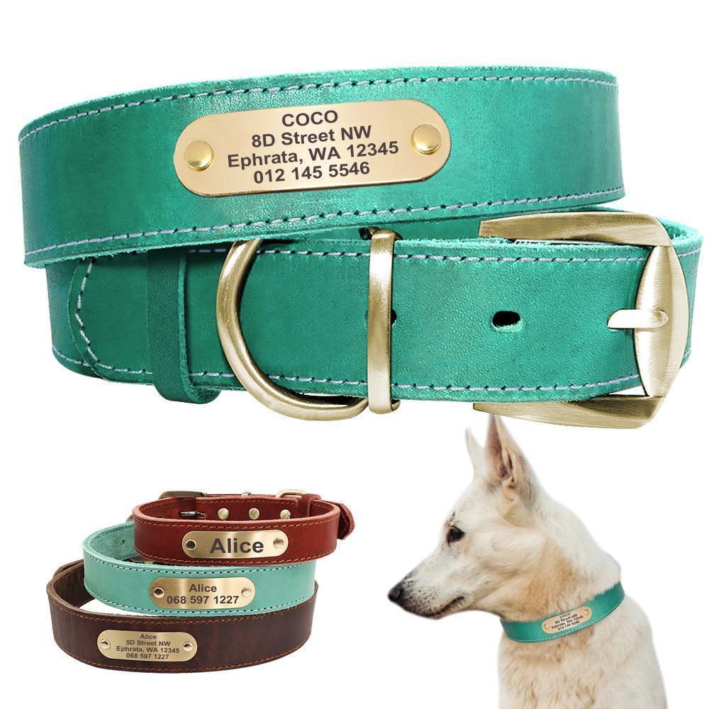 Custom Engraved Leather Dog Collar with Golden Nameplate - Personalized ID Collar for Dogs