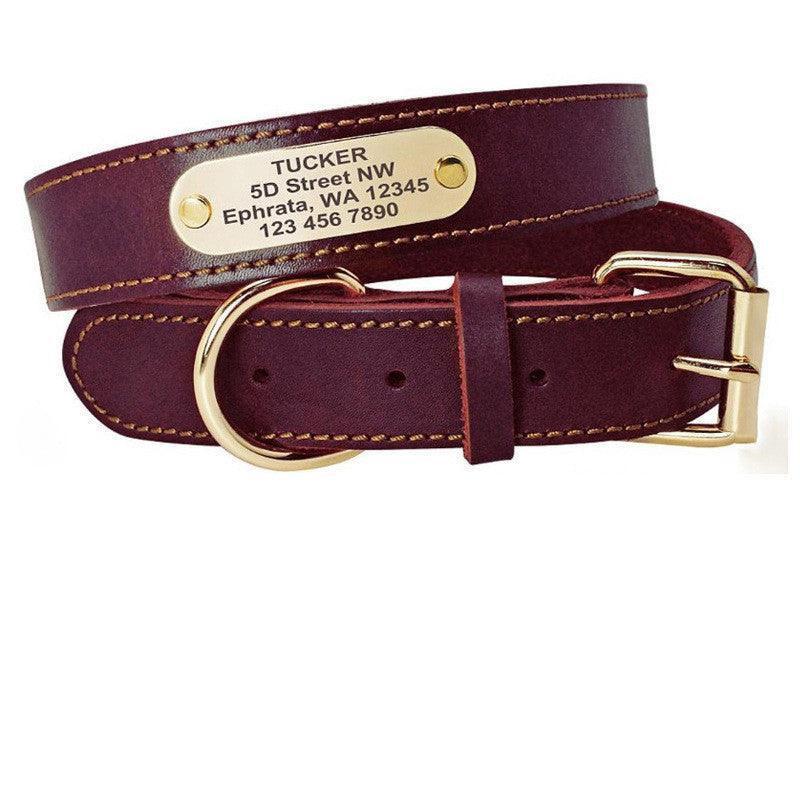 Custom Engraved Leather Dog Collar with Golden Nameplate - Personalized ID Collar for Dogs