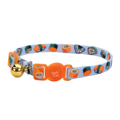 Breakaway cat collar with sushi print pattern, orange buckle, and gold bell