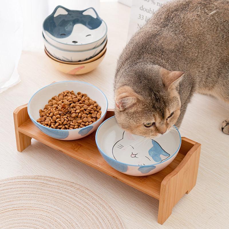 Elevated Ceramic Cat Bowl Set With Shelf - Promotes Healthy Posture And Double Feeding - Pets Perfect