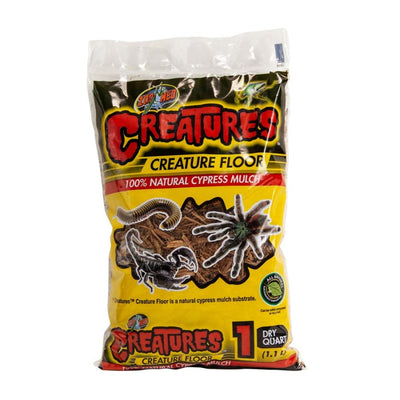 Yellow bag of Zoo Med Creature Floor cypress mulch with images of a millipede, scorpion, and tarantula.