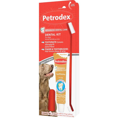Petrodex Dental Kit for Dogs with peanut-flavored toothpaste, toothbrush, and finger brush in red and white packaging.