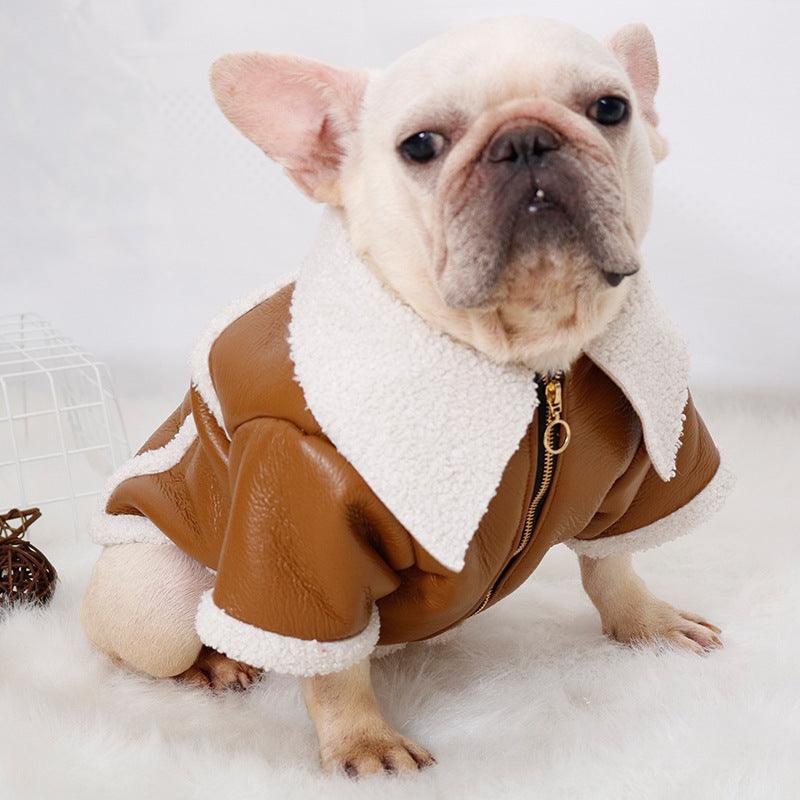 Plush Zipper Warm Faux Leather Dog Jacket - Stylish Winter Pet Coat - Pets Perfect
