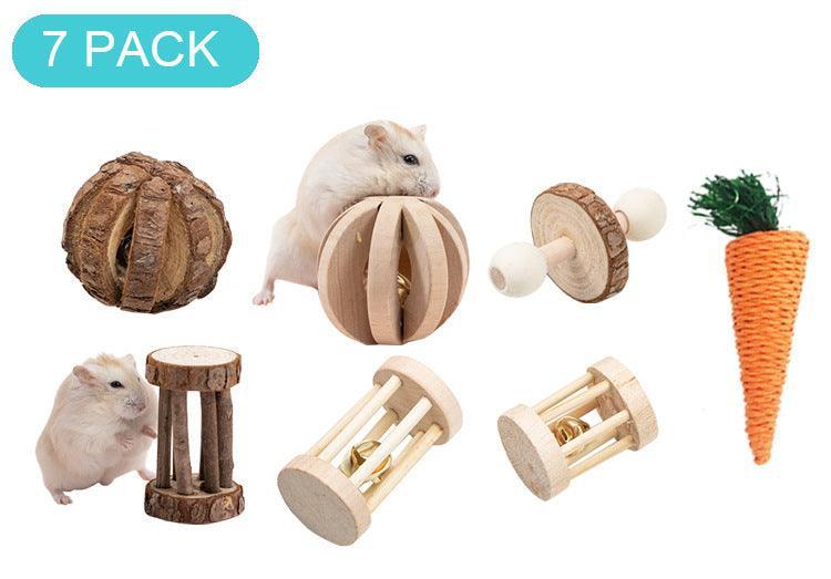 Natural Wood Pet Toy Set: Interactive Playtime Fun For Hamsters, Rabbits, Guinea Pigs, Parrots, Cats, And Dogs.