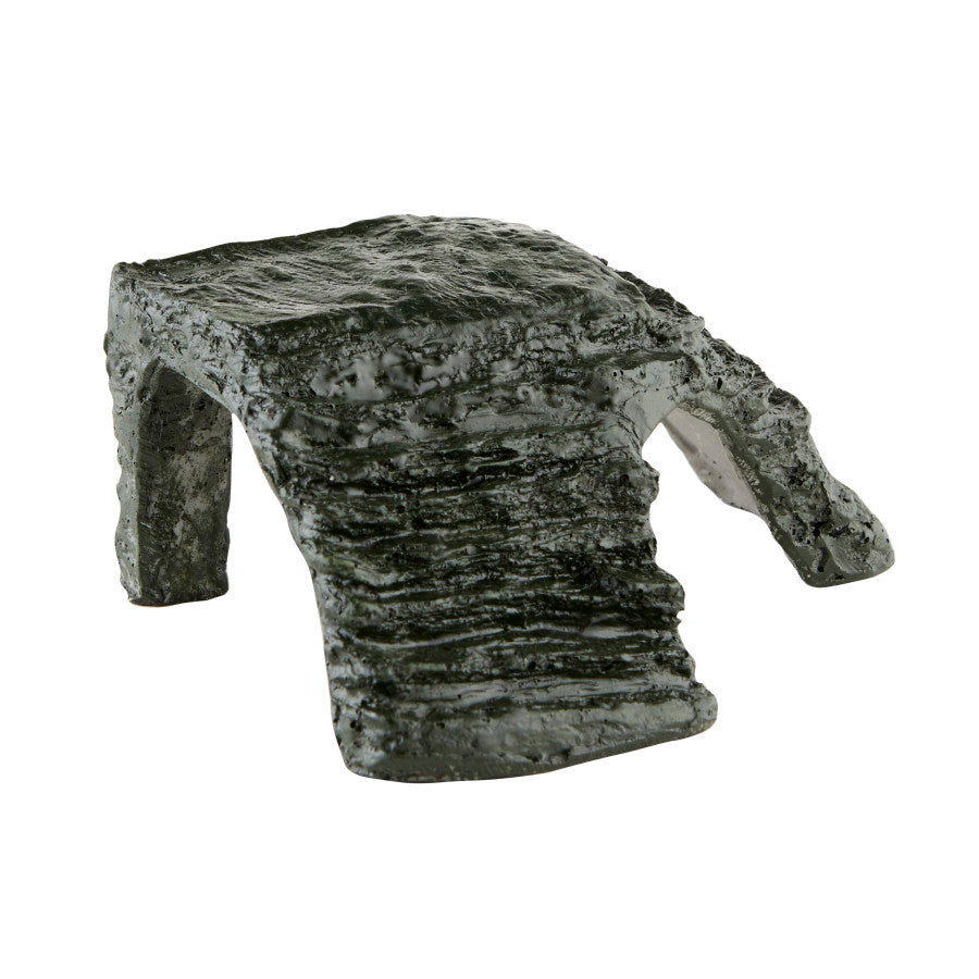 Small, dark green, textured resin basking platform with a corner ramp and an archway, shown on a white background.