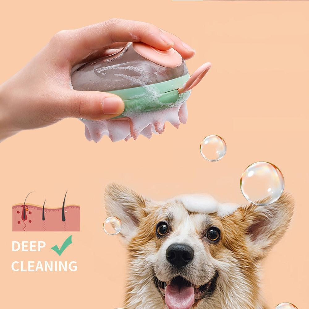 Dog Hugs Cat 2 - in - 1 Dog Bath Brush - Silicone Massage Brush with Shampoo Dispenser - Pets Perfect