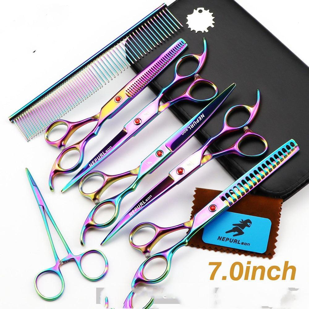 7 Inch Electroplating Color Pet Grooming Scissors - 5 - Piece Set - Pets Perfect