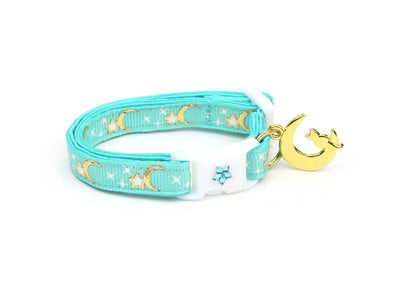 Up Country Gold Moons and Stars Aqua Cat Collar with Breakaway Safety, Large (10 lbs & up)/Jingle Bell