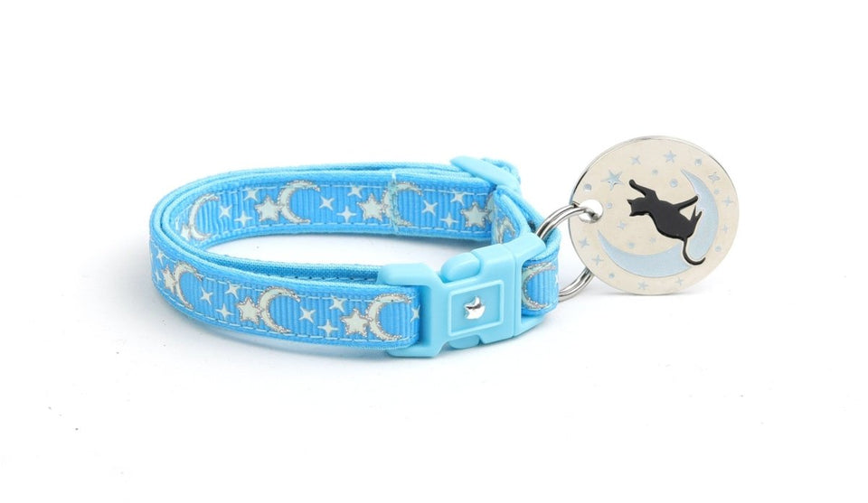 Silver Moons and Stars on Blue Cat Collar, view 8